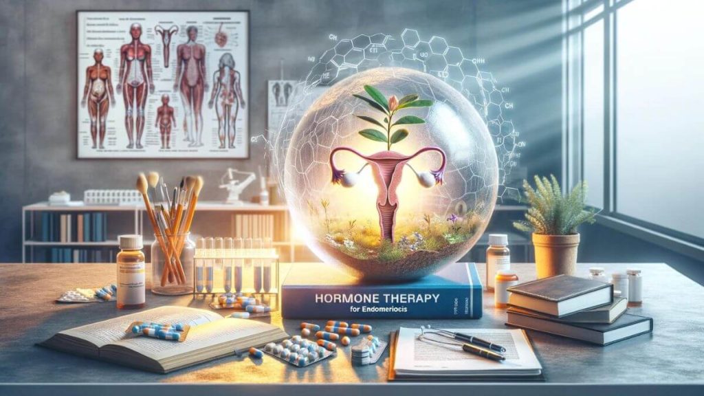 Create a photorealistic image that symbolically represents the latest findings in hormone therapy for endometriosis. The image could include elements such as medical books or journals, hormone medication packages, and perhaps a symbolic representation of relief or healing, like a plant growing or a sunrise, to signify hope and progress in treatment. The setting should be modern and clinical, like a research lab or a doctor's office, to emphasize the scientific and medical context. Include subtle cues to suggest the focus on endometriosis, such as an anatomical diagram or artwork related to the female reproductive system in the background, blending education and awareness with the theme of hormone therapy.