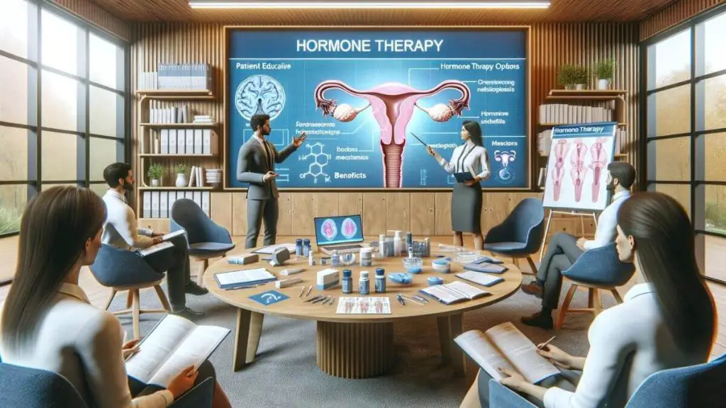 Visualize a photorealistic image that highlights the patient education aspect of hormone therapy for endometriosis. The scene could be set in an educational seminar or a one-on-one consultation, where detailed information about hormone therapy options, mechanisms, and benefits is being shared. Elements might include a large presentation screen or interactive display, patient brochures, and a model of the female reproductive system. The atmosphere should be informative and empowering, with a focus on providing patients with the knowledge and tools they need to make informed decisions about their treatment options for endometriosis.