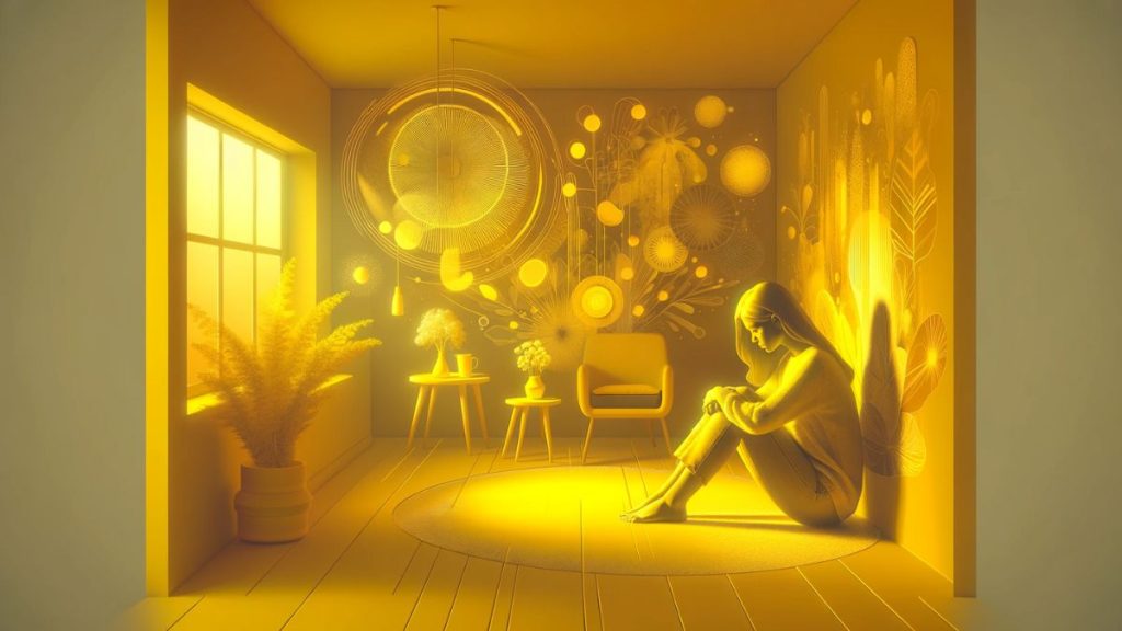 A woman sitting alone in a softly lit room, surrounded by abstract yellow shapes symbolizing chaotic thoughts, capturing the struggle with emotional turmoil associated with endometriosis. Endometriosis and Negative Thoughts 5