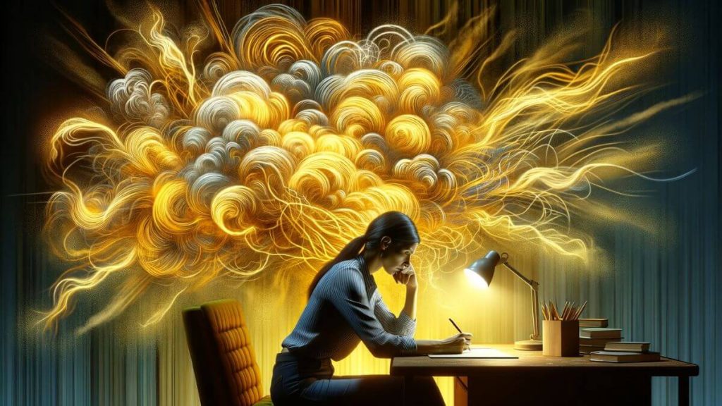 A woman at her desk, enveloped by swirling yellow lines representing the overwhelming nature of negative thoughts and their impact on concentration and productivity. Endometriosis and Negative Thoughts 2