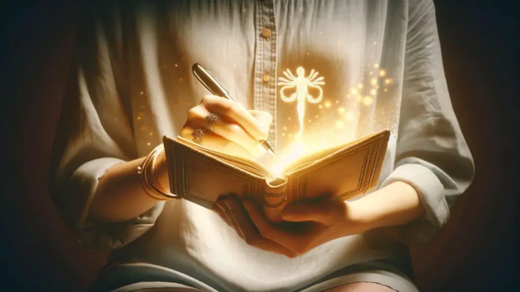 A woman clutching a diary illuminated by soft yellow light, emphasizing the role of self-expression in illuminating her inner world and serving as a refuge from negative thoughts. Endometriosis and Negative Thoughts 3