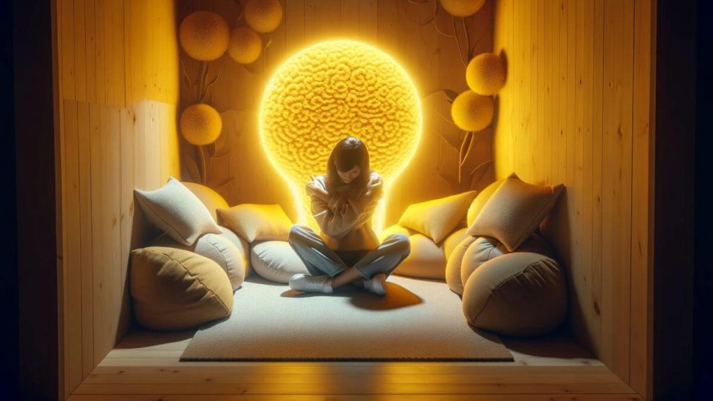 A woman embracing herself in a cozy corner with warm yellow lighting, highlighting the importance of self-compassion and personal sanctuaries for emotional healing. Endometriosis and Negative Thoughts 4