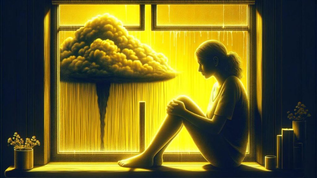 A reflective moment with a woman gazing out of a rain-streaked window into a yellow-cast scene, symbolizing the emotional storms and introspective struggle of living with endometriosis. Endometriosis and Negative Thoughts 6