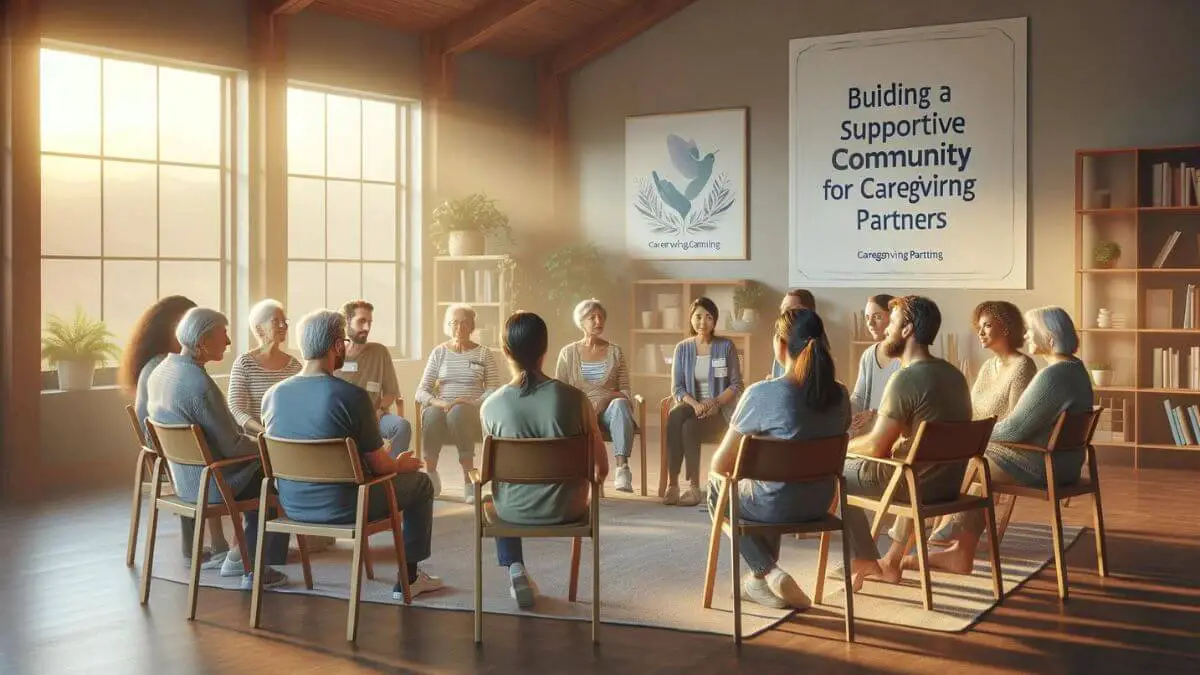 A photorealistic image of a diverse group of people gathered in a cozy, well-lit community hall, engaging in a supportive group discussion. They are seated in a circle on comfortable chairs, with warm smiles, actively listening and sharing experiences. The room is adorned with motivational posters about 'Building a Supportive Community for Caregiving Partners'. Soft, natural light streams in through large windows, creating a welcoming atmosphere. The setting conveys a sense of unity, empathy, and mutual support among the participants, emphasizing the importance of community in caregiving.