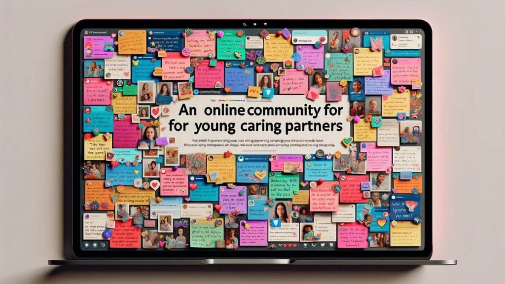 A photorealistic image of a digital community board titled 'An Online Community for Young Caring Partners', featuring a vibrant collage of user-generated content. The board includes heartfelt testimonials, shared stories, caregiving tips, and words of encouragement, all from young caregivers. Each post is represented by colorful sticky notes or digital cards, adorned with emojis and small images, creating a visually engaging and supportive space. The background of the board is a soft, welcoming color, with easy-to-navigate sections for different topics, making it a central hub for connection and support among young caregivers.