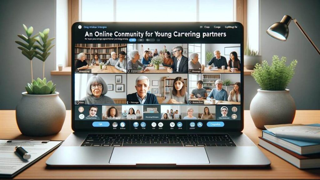 A photorealistic image capturing a moment during a live webinar hosted by 'An Online Community for Young Caring Partners'. The screen shows a diverse panel of expert speakers and young caregivers participating in a virtual discussion. The webinar interface includes a video feed of the speakers, a presentation slide about coping strategies for young caregivers, and a lively Q&A chat box where participants are actively engaging. The design of the webinar platform is modern and user-friendly, with clear audio and video, making it accessible and engaging for young caregiving partners seeking support and information.