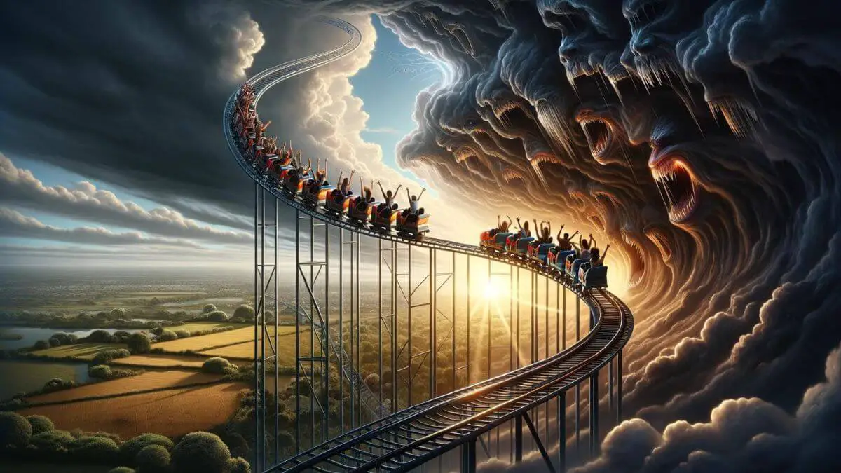 A photorealistic image depicting 'The Emotional Rollercoaster of Hope and Despair' through the metaphor of an actual rollercoaster. The rollercoaster track dramatically weaves between dark, ominous clouds representing despair and bright, sunlit areas symbolizing hope. Riders on the rollercoaster are visibly experiencing a range of emotions, from fear and anxiety to exhilaration and joy, capturing the highs and lows of the emotional journey. The landscape around the rollercoaster includes both barren lands and lush, vibrant fields, further emphasizing the contrast between despair and hope. The style of the image is cinematic, with a focus on dynamic composition and emotive lighting to enhance the thematic elements.