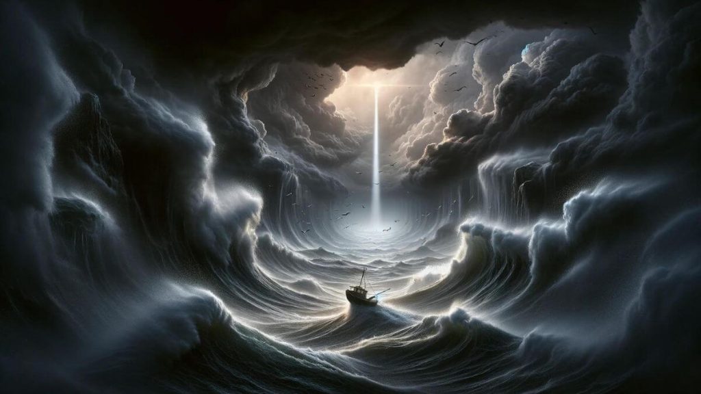 A photorealistic image portraying 'The Emotional Rollercoaster of Hope and Despair' through a stormy seascape with a single, fragile boat navigating tumultuous waves. The dark, menacing clouds and chaotic sea represent despair, while a distant lighthouse emits a beam of light, symbolizing hope and guidance. The boat's struggle against the overwhelming force of nature captures the essence of resilience amidst adversity. The composition is balanced with a focus on the contrast between the dark, stormy foreground and the hopeful, illuminated path towards the lighthouse. The image is designed to evoke a sense of drama and emotional depth, using realistic textures and lighting to enhance the metaphorical journey.