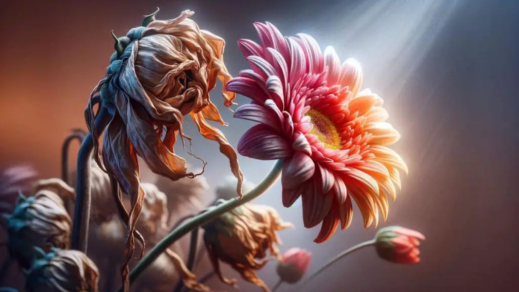 A photorealistic image capturing 'The Emotional Rollercoaster of Hope and Despair' through the juxtaposition of a wilted flower against a thriving one. The wilted flower, with drooping petals and faded colors, represents moments of despair, while the vibrant, blooming flower symbolizes hope and renewal. The background is intentionally blurred, with soft light focusing on the contrasting conditions of the flowers, highlighting the delicate balance between despair and hope. The image is designed with a depth of field effect to draw attention to the intricate details of the flowers, emphasizing the beauty and fragility of emotions.