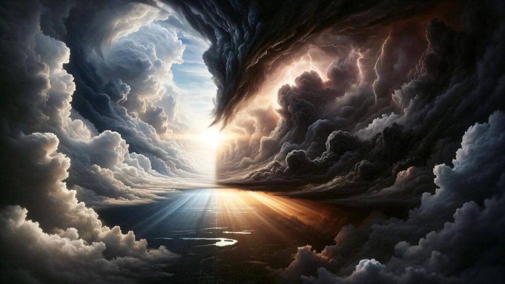 A photorealistic image depicting 'The Emotional Rollercoaster of Hope and Despair' through a dramatic sky, where dark storm clouds clash with bright, sunlit areas. The intense interplay between light and shadow across the sky represents the turbulent journey between hope and despair. Below, a vast landscape reflects this duality, with one side shrouded in darkness and the other bathed in sunlight, symbolizing the external manifestations of internal emotional states. The image is crafted with a focus on realism and depth, using intricate cloud formations and lighting effects to convey the complexity of human emotions.