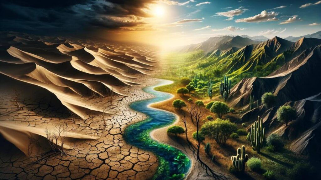 A photorealistic image that embodies 'The Emotional Rollercoaster of Hope and Despair' through the contrasting imagery of a cracked, dry desert and a lush, fertile oasis. The desert, with its harsh, barren landscape, symbolizes the desolation of despair, while the oasis, teeming with life and water, represents the rejuvenation of hope. The transition between these two extremes is gradual, illustrating the journey from despair to hope. The composition focuses on the stark contrast between the arid and verdant areas, using realistic textures and colors to emphasize the emotional and physical extremes.