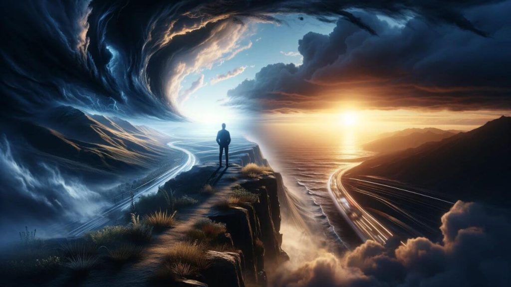A photorealistic image capturing the essence of 'The Emotional Rollercoaster of Hope and Despair'. The scene shows a solitary figure standing at the edge of a cliff, looking out over a vast landscape that transitions from a dark, stormy sky on one side to a bright, hopeful sunrise on the other. The person's posture reflects a mix of contemplation and resilience, symbolizing the fluctuating emotions between hope and despair. The contrasting elements in the environment, such as the turbulent sea below and the calm, clear sky towards the horizon, further emphasize the theme. The image is designed in a style that evokes strong emotional responses, using dramatic lighting and vivid colors to enhance the mood.