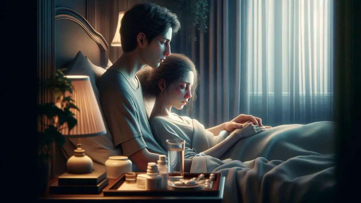 A photorealistic depiction showcasing the profound effects of chronic illness on the dynamics within a family. Set in a bedroom bathed in soft, ambient lighting, a young woman, clearly debilitated by illness, rests in bed, her features marked by weariness and fragility. Beside her, a healthy young man, evidently her partner, is seated closely, exuding a mixture of deep concern, empathy, and unwavering dedication. He is seen softly holding her hand, possibly murmuring reassurances, symbolizing their strong emotional connection and the collective resilience they embody while dealing with the intricacies of chronic illness. The bedroom environment subtly conveys a narrative of ongoing care and adaptation, with items such as medication on the bedside table, a glass of water within easy reach, and plush bedding designed for her comfort. This image poignantly captures the emotional and psychological weight of chronic illness on the affected individual and their close relations, while also highlighting the enduring strength and unity that can emerge amidst such trials.