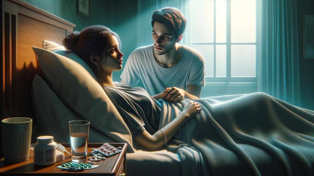 A photorealistic scene depicting the deep impact of chronic illness on family dynamics, in a bedroom setting. An ill young woman is lying in bed, her face showing signs of exhaustion and vulnerability, illuminated by the soft light filtering through the window. Next to her, a healthy young man, who appears to be her partner, is sitting on the bed with a posture of dedication and care. He is gently holding her hand, his expression filled with empathy and silent support, offering a comforting presence. The room is arranged to accommodate her needs, with medication visible on the bedside table, a glass of water within arm's reach, and the bedding arranged for maximum comfort. This image captures the emotional weight and complexity of chronic illness, highlighting the strength of the human spirit and the power of love and support within a family facing such challenges.