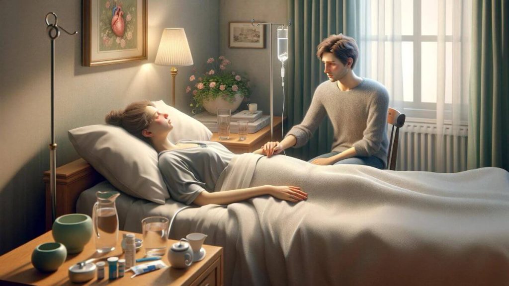 A photorealistic image illustrating the significant impact of chronic illness on family relationships. In a bedroom filled with gentle, natural light, an ill young woman lies in bed, her expression one of fatigue and resilience. Next to her, a healthy young man, likely her partner, sits with a posture of care and attentiveness. He holds her hand in a comforting gesture, his face showing concern and unwavering support. The room is arranged to indicate a life adapted to chronic illness, with medical supplies on a side table, a water pitcher within reach, and the bed made comfortable with soft linens. This scene vividly portrays the emotional strain and the strength of bonds formed in the face of chronic illness, highlighting the compassion and adaptation required from loved ones.