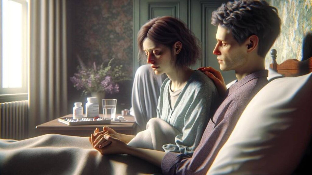 A photorealistic image capturing the profound impact of chronic illness on family dynamics. The scene is set in a softly lit bedroom, where a young woman appears visibly ill, lying in bed with a look of exhaustion and vulnerability. Beside her, a healthy young man, presumably her partner, is seated on the bed, his expression a mix of concern, compassion, and unwavering support. He is gently holding her hand, perhaps whispering words of comfort, showing a deep emotional connection and the unspoken strength of their bond in facing the challenges of illness together. The room is filled with subtle details that suggest ongoing care and adaptation to the situation, such as medications on the nightstand, a glass of water within easy reach, and comfortable bedding to ensure her rest. The image encapsulates the emotional and psychological toll of chronic illness on both the individual and their loved ones, highlighting the resilience and unity that can emerge in the face of adversity.