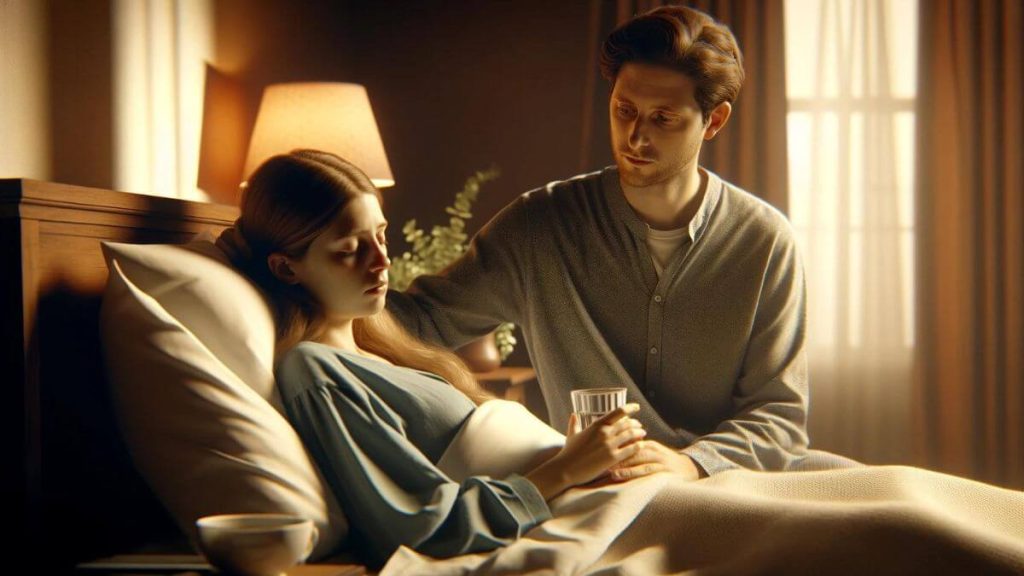Visualize a photorealistic scene showing the impact of chronic illness on family dynamics, with a focus on a young woman looking unwell and resting in bed, and a healthy man, perhaps her partner or family member, providing care and comfort. The room is warm and softly lit to create a comforting atmosphere. The man could be gently checking her temperature, offering her a glass of water, or simply sitting by her bedside, offering emotional support. The scene should subtly convey the challenges and the deep bond shared between them, highlighting the care and support that is essential in such times. This is a sensitive portrayal of how chronic illness can affect relationships and the dynamics within a family.