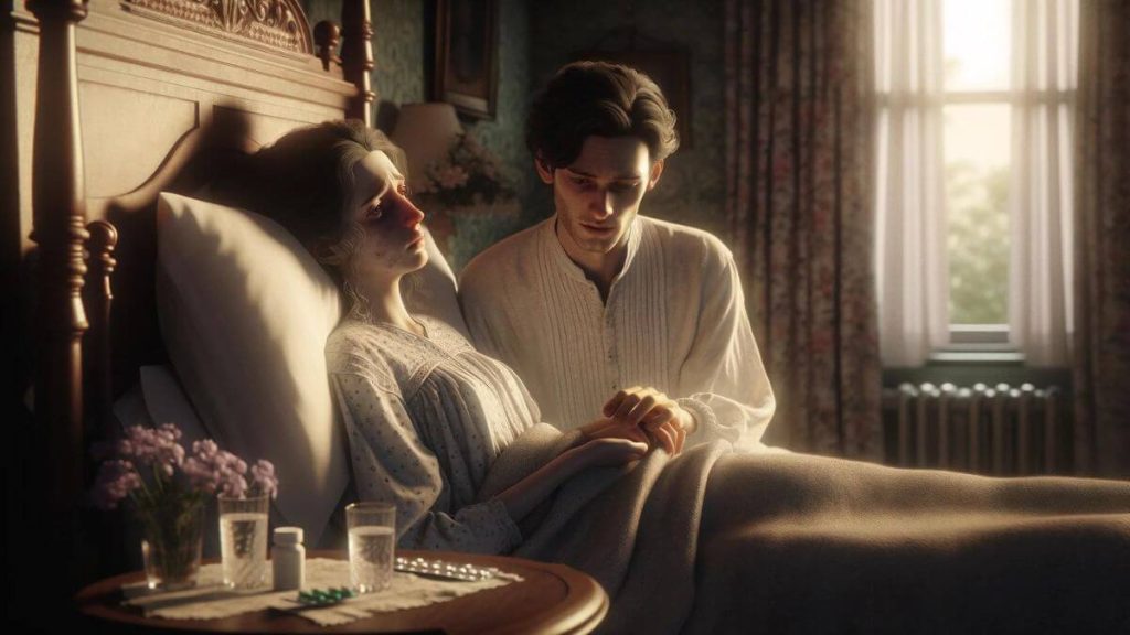 A photorealistic image capturing the profound impact of chronic illness on family dynamics. The scene is set in a softly lit bedroom, where a young woman appears visibly ill, lying in bed with a look of exhaustion and vulnerability. Beside her, a healthy young man, presumably her partner, is seated on the bed, his expression a mix of concern, compassion, and unwavering support. He is gently holding her hand, perhaps whispering words of comfort, showing a deep emotional connection and the unspoken strength of their bond in facing the challenges of illness together. The room is filled with subtle details that suggest ongoing care and adaptation to the situation, such as medications on the nightstand, a glass of water within easy reach, and comfortable bedding to ensure her rest. The image encapsulates the emotional and psychological toll of chronic illness on both the individual and their loved ones, highlighting the resilience and unity that can emerge in the face of adversity.